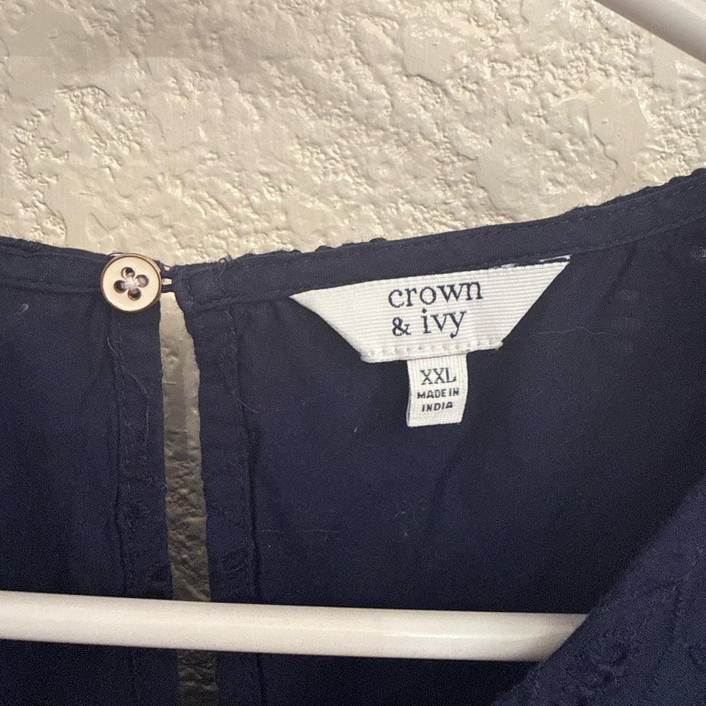Navy Blue 100% Cotton Eyelet Blouse by Crown & Ivory-Boho Flutter Sleeve XXL - Picture 11 of 17